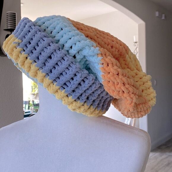 Oversized Colorful Hand-knitted Hat Blue Orange Yellow Crochet Artsy Fun - Picture 3 of 8